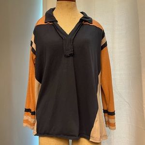 Vintage unmarked orange blue white cotton raw hem v neck polo shirt M/L